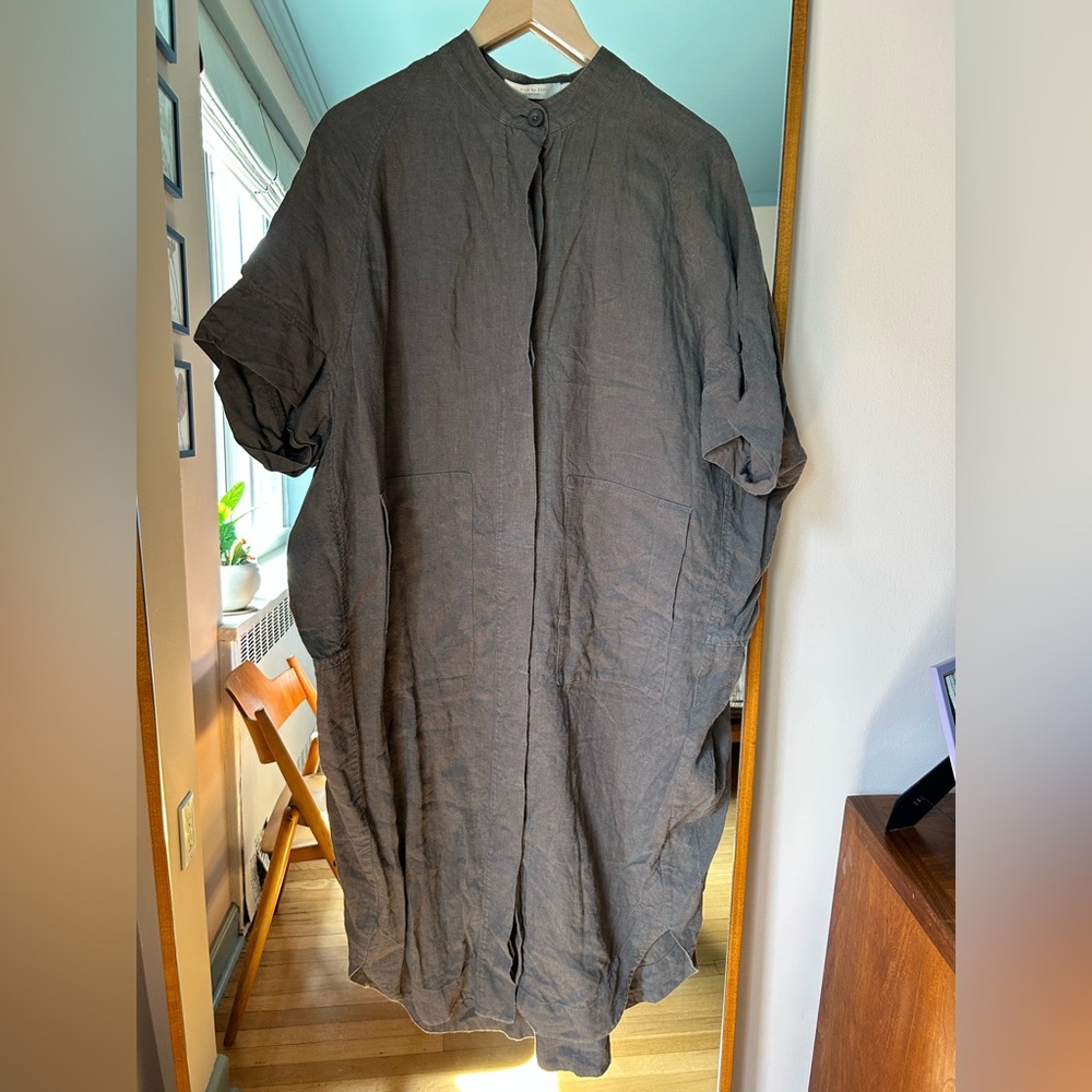7115 by Szeki cocoon shirt dress, linen olive green